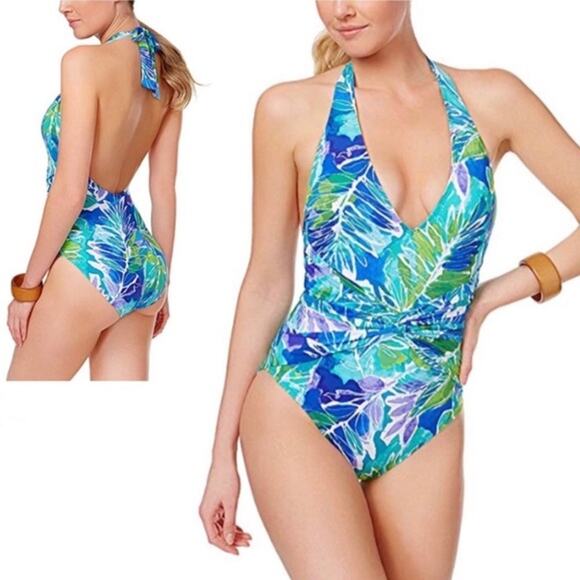 NWT Lauren ralph lauren tropical hawaiin slimming one piece halter full coverage - Picture 3 of 10